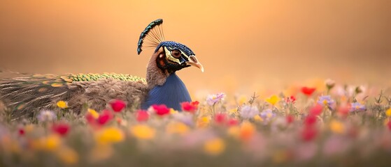 Wall Mural - Indian peafowl in a field of wildflowers at sunset.