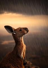 Wall Mural - Kangaroo in rain, sunset.