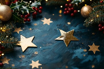 Wall Mural - Festive holiday decoration with golden stars and greenery christmas table setting cozy atmosphere close-up view