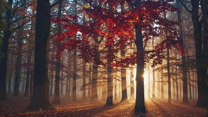 Poster - Golden hour sunlight dances through golden autumn trees in tranquil forest scene