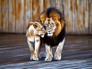 Poster - Majestic lion couple walking together.