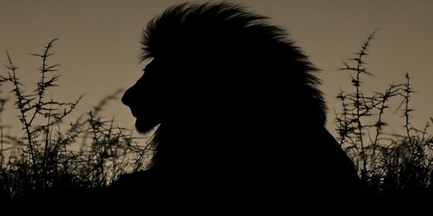 Poster - Majestic lion silhouette at sunset, wild African savanna.