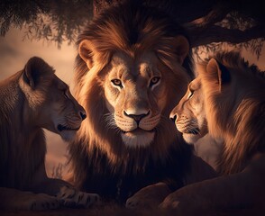 Poster - Majestic lion with two lionesses under a tree at sunset.