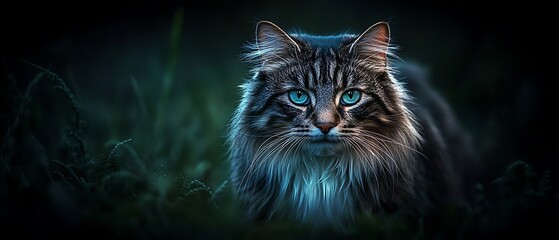 Poster - Majestic longhair cat with bright blue eyes in the grass at night.