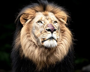 Poster - Majestic male lion portrait against a dark background.