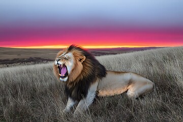 Poster - Majestic male lion roaring at sunset in African savanna.