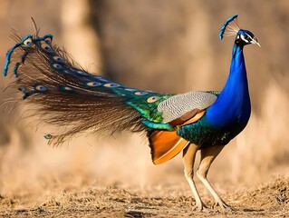 Wall Mural - Majestic peacock displaying vibrant plumage in natural habitat. (1)