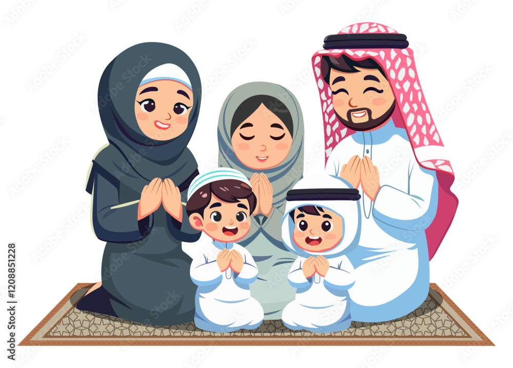 Muslim family, father, mother, and child dressed in traditional attire ...