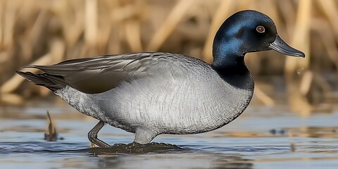 Wall Mural - Male Tufted Duck wading in shallow water.