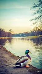 Wall Mural - Mallard duck by calm river at sunset.