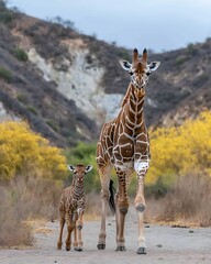 Poster - Mother giraffe and calf walking on a path, hills in background.