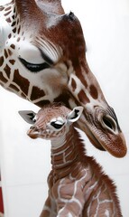 Sticker - Mother giraffe gently nuzzles her newborn calf.