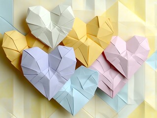 Wall Mural - Pastel origami hearts on geometric background.