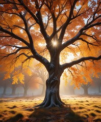 Wall Mural - Morning sunlight filtering through the branches of a tree on a frosty autumn day, morning, foliage, sunlight