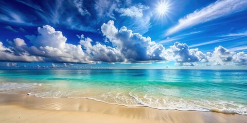 Wall Mural - Sunlit beach with azure waters and fluffy clouds in midday , sunlit, beach, azure, waters, fluffy clouds, midday, summer