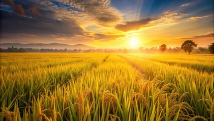 Wall Mural - Golden rice field glowing in evening sun , agriculture, crop, farming, sunset, nature, rural, golden, sunlight, beautiful