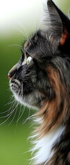 Wall Mural - Profile of a long-haired cat looking to the left, against a blurred green background.