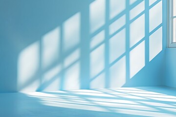 Abstract empty room with shadow on blue wall and sunlight from window