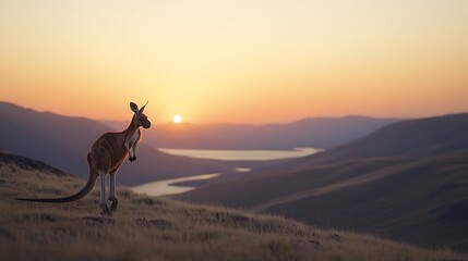 Poster - Red kangaroo at sunset, overlooking vast landscape.