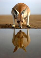 Wall Mural - Red kangaroo drinking water, reflecting in puddle.