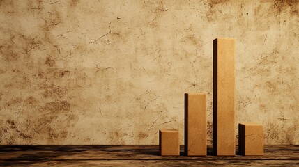 Wall Mural - A set of wooden bar graphs on a textured wall background, representing growth or data analysis in a minimalist style.