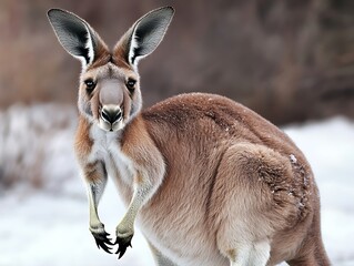 Wall Mural - Red kangaroo in snowy landscape, close-up portrait.