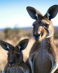 Poster - Red kangaroo mother and joey in Australian outback.