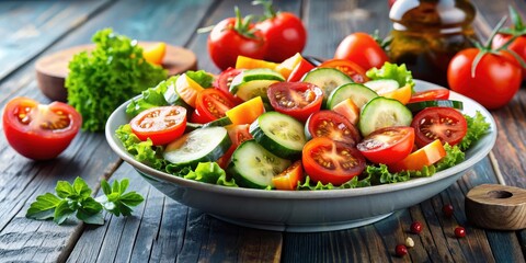 Wall Mural - Fresh and colorful salad with ripe tomatoes and crisp cucumbers, healthy, refreshing, vegetarian, vegan, natural, organic