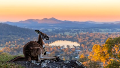 Poster - Red kangaroo resting on a rock at sunset overlooking a valley.