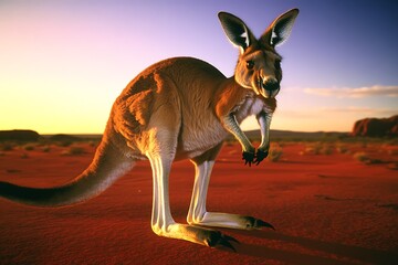 Wall Mural - Red kangaroo standing in outback Australian landscape at sunset.