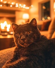 Poster - Relaxed gray cat resting near fireplace at home.