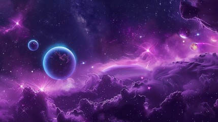 Wall Mural - Ethereal Cosmic Landscape with Vibrant Nebulae, Luminous Planets, and Stars Creating an Enchanting and Mystical Universe Scene Filled with Colorful Sprays and Celestial Bodies