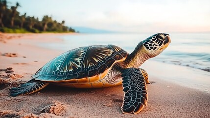 Poster - Sea turtle on sandy beach at sunrise.