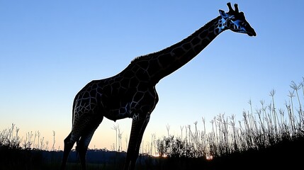 Poster - Silhouette of a giraffe at sunset in tall grass.