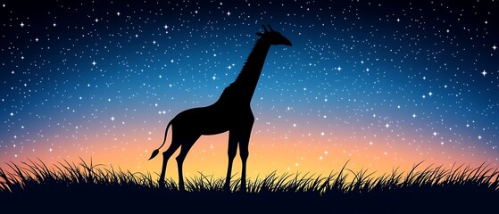 Poster - Silhouette of a giraffe at sunset under a starry night sky.