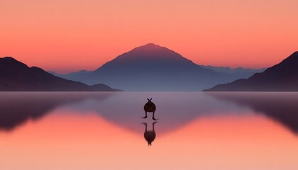 Poster - Silhouette of kangaroo reflected in calm water at sunset, mountain backdrop.