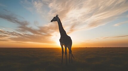 Wall Mural - Silhouetted giraffe at sunset in African savanna.