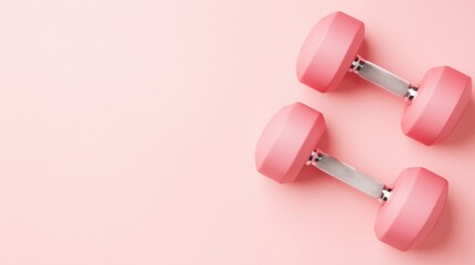 Pink dumbbells on a pink background with copy space. Concept for Gym banner, Girl sport