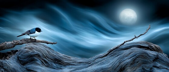 Poster - Solitary bird perched on driftwood under a full moon, serene night scene.