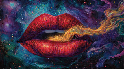 a vibrant surrealist painting of fiery red lips exhaling delicate streams of shimmering golden dust, the background an ethereal galaxy blending purple and teal nebulas, intense glowing highlights