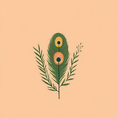 Poster - Stylized peacock feather with floral elements on a peach background.