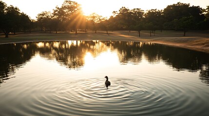 Wall Mural - Sunrise over calm pond; bird swimming, creating ripples.