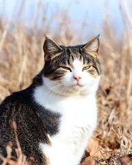 Wall Mural - Tabby cat sitting in dry grass, eyes half-closed.