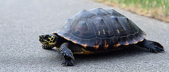 Wall Mural - Turtle crossing asphalt road, wildlife.