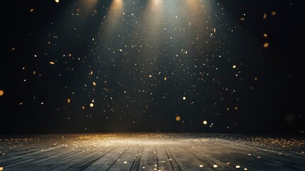 Canvas Print - Twinkling gold glitter falling on the stage illuminated with one spot light.