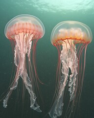 Poster - Two jellyfish underwater, showing bell, tentacles, and delicate texture.