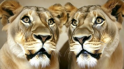 Wall Mural - Two lionesses face-to-face, close-up portrait.