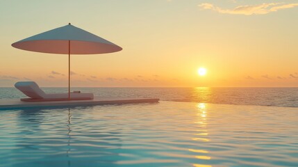 Wall Mural - umbrella with bed pool around swimming pool with ocean sea background at sunset or sunrise time - holiday and vacation concept.