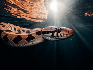 Canvas Print - Underwater brown and tan snake swimming in dark water with sunlight rays.