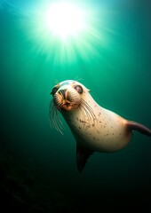 Wall Mural - Underwater sea lion portrait, sunlight rays.